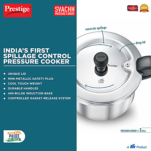 Prestige Svachh Aluminium Anti Bulge Gas & Induction Compatible Pressure Cooker - Silver, 3 L  