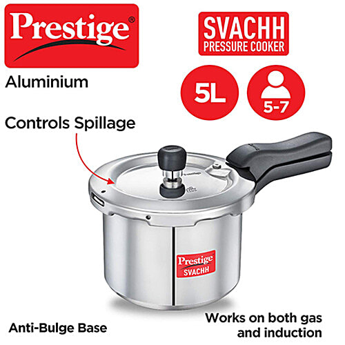 Prestige Svachh Aluminium Anti Bulge Gas & Induction Compatible Pressure Cooker - Silver, 5 L  