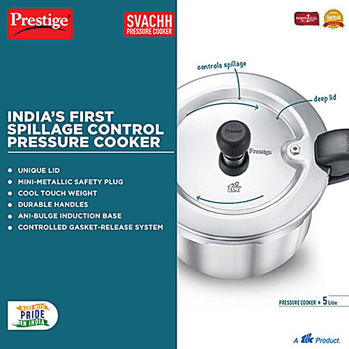 Prestige Svachh Aluminium Anti Bulge Gas & Induction Compatible Pressure Cooker - Silver, 5 L  