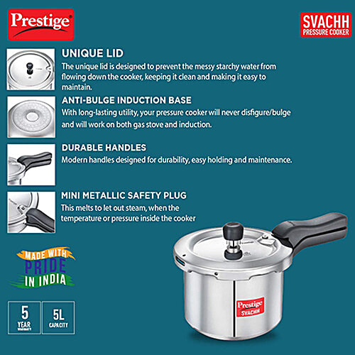 Prestige Svachh Aluminium Anti Bulge Gas & Induction Compatible Pressure Cooker - Silver, 5 L  