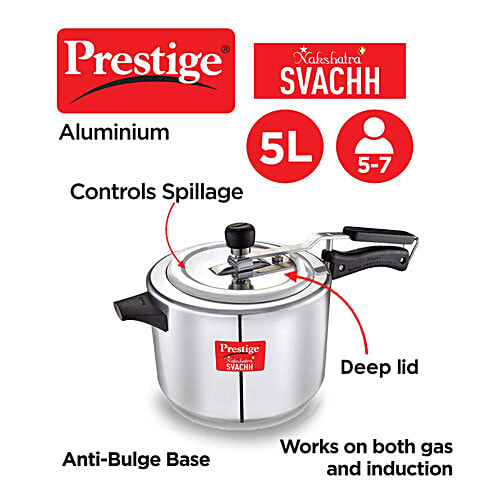 Prestige Nakshatra Plus Svachh Aluminium Spillage Control Inner Lid Pressure Cooker - Silver, 5 L  