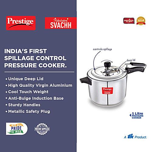 Prestige Nakshatra Plus Svachh Aluminium Spillage Control Inner Lid Pressure Cooker - Silver, 5 L  