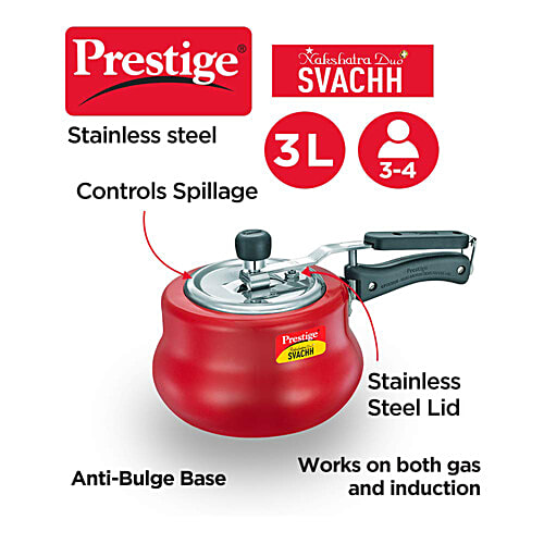 Prestige Nakshatra Duo Plus Svachh Aluminium Spillage Control Handi Inner Lid Pressure Cooker - Red, 3 L