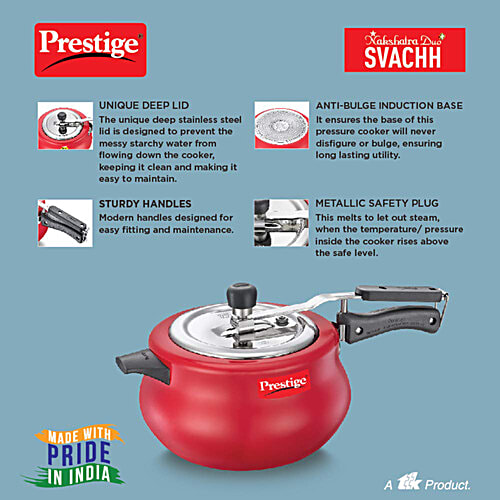 Prestige Nakshatra Duo Plus Svachh Aluminium Spillage Control Handi Inner Lid Pressure Cooker - Red, 3 L