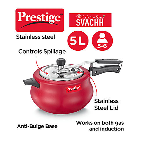 Prestige Nakshatra Duo Svachh Aluminium Inner Lid Pressure Cooker - Induction Base, Red, 10753, 5 L