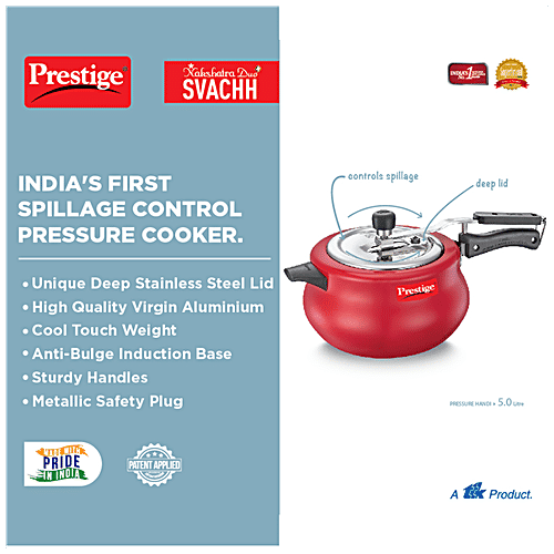 Prestige Nakshatra Duo Svachh Aluminium Inner Lid Pressure Cooker - Induction Base, Red, 10753, 5 L