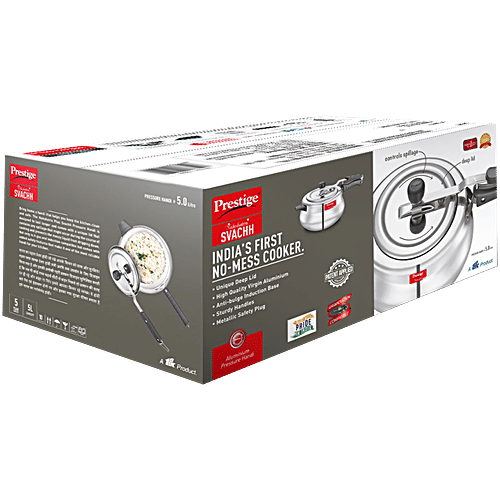 Prestige Nakshatra Plus Svachh Aluminium Spillage Control Handi Inner Lid Pressure Cooker - Silver, 5 L  