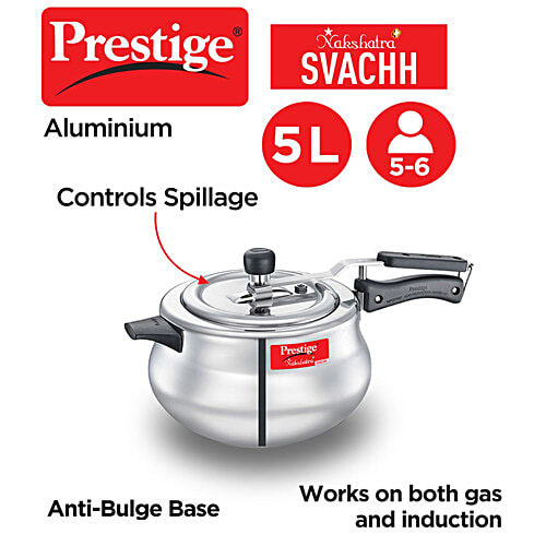 Prestige Nakshatra Plus Svachh Aluminium Spillage Control Handi Inner Lid Pressure Cooker - Silver, 5 L  