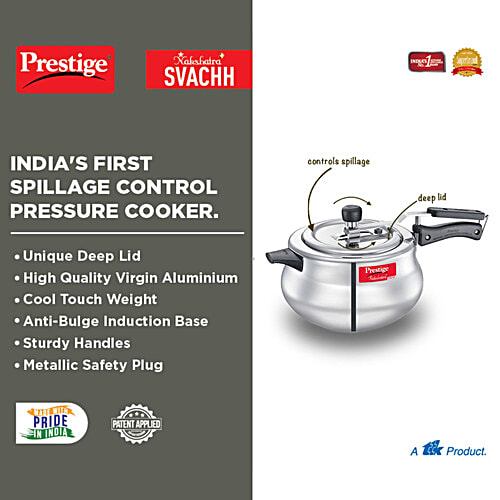 Prestige Nakshatra Plus Svachh Aluminium Spillage Control Handi Inner Lid Pressure Cooker - Silver, 5 L  