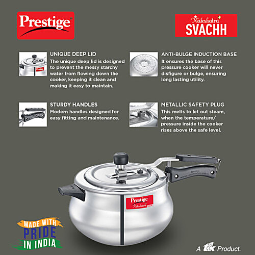 Prestige Nakshatra Plus Svachh Aluminium Spillage Control Handi Inner Lid Pressure Cooker - Silver, 5 L  