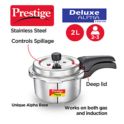 Prestige Deluxe Alpha Svachh Stainless Steel Spillage Control Outer Lid Pressure Cooker - Silver, 2 L  
