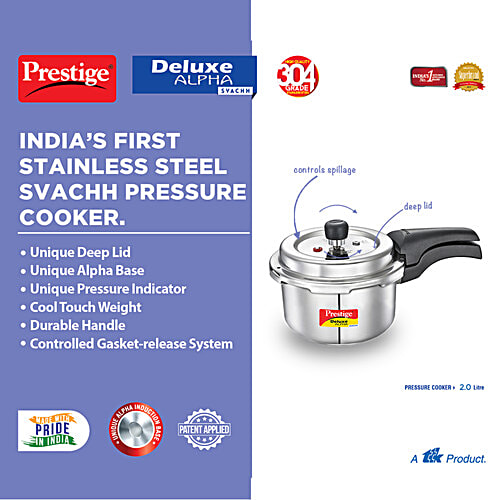 Prestige Deluxe Alpha Svachh Stainless Steel Spillage Control Outer Lid Pressure Cooker - Silver, 2 L  