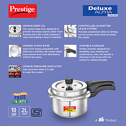 Prestige Deluxe Alpha Svachh Stainless Steel Spillage Control Outer Lid Pressure Cooker - Silver, 2 L  