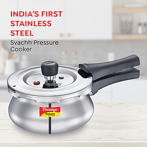 Prestige Deluxe Alpha Svachh Stainless Steel Spillage Control Handi Pressure Cooker - With Glass Lid, Silver, 1.5 l