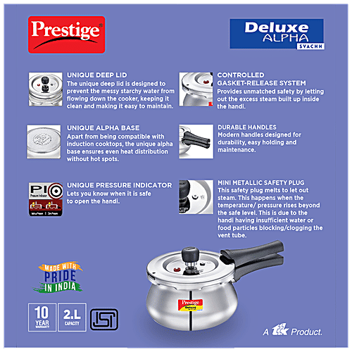 Prestige Svachh DLX Alpha Steel Outer Lid Pressure Cooker (20266), 2 L (Handi) 