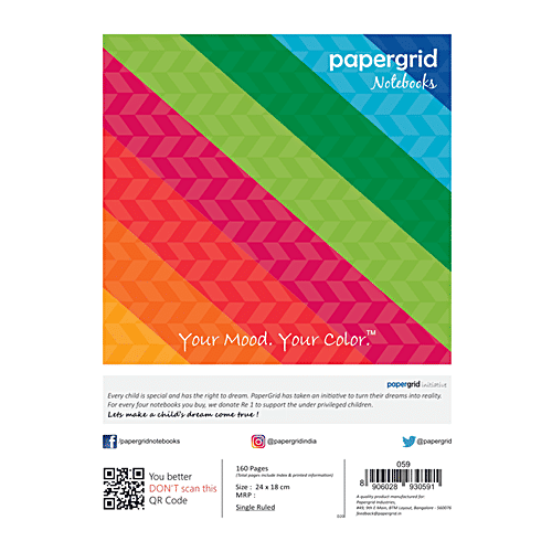 Papergrid Notebook - Ruled, Single Line, Spiral Bound, 240 mm x 180 mm, 160 Pages, 1 pc