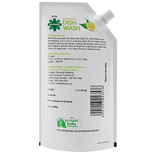 Godrej Protekt Germ Protection Dish Wash Liquid - Lime & Neem, 1 L Removes Grease with Ease, Sparkling Clean Utensils