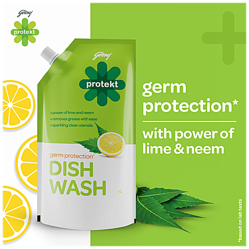 Godrej Protekt Germ Protection Dish Wash Liquid - Lime & Neem, 1 L Removes Grease with Ease, Sparkling Clean Utensils