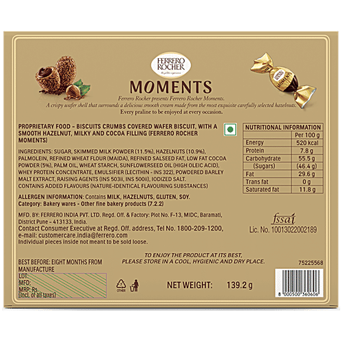 Ferrero Rocher Moments Chocolates, 139.2 g (24 pcs) Zero Trans Fat