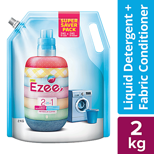 Godrej Ezee 2-In-1 Liquid Detergent + Fabric Conditioner - Front Load, 2 kg Pouch Soften Clothes, Maintain Shine & Natural Colour