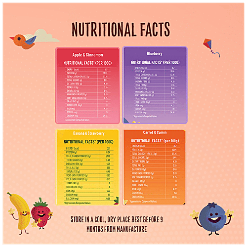 Timios Melts Non-Fried Whole Grain Snack - Carrot & Cumin, Apple & Cinnamon, Banana & Strawberry, Blueberry, From 9 Months, Rich in Protein & Iron, 200 g  Rich in Protein & Iron
