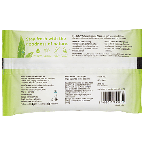 Pee Safe Natural Intimate Wipes For Women, 10 pcs  No Paraben & Alcohol