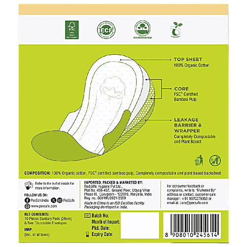 Pee Safe Biodegradable Sanitary Pads - Regular, 10 pcs  Leak Proof, Fragrance Free