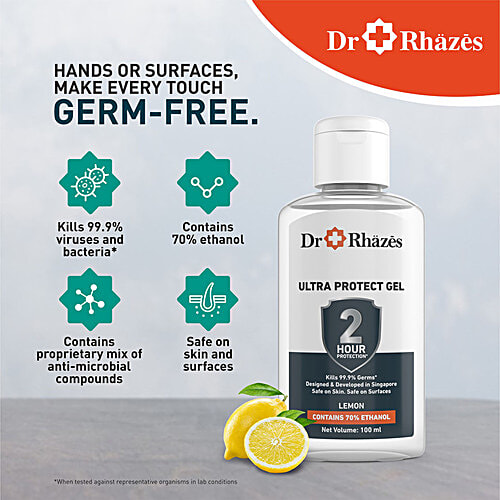 Dr Rhazes 2 Hour Protection Ultra Protect Gel - Lemon, Alcohol Based, Kills 99.9% Germs, 100 ml (Pack of 2) 