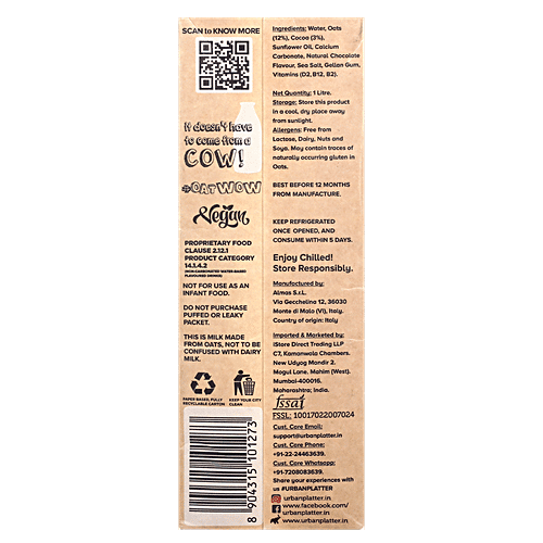 Urban Platter OatWow Rich Cocoa Plant-based Milk, 1 L Tetra Pak Dairy-Free Alternative, Chocolate Flavoured Creamy, Lactose-Free