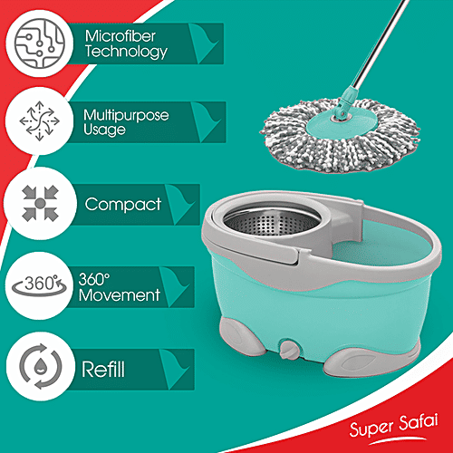 Milton - Spotzero Spin Mop - Plastic Bucket & Steel Wringer, With Rod, Refill Included, Aqua Green, 1 pc  Compact