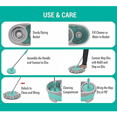 Milton - Spotzero Spin Mop - Plastic Bucket & Steel Wringer, With Rod, Refill Included, Aqua Green, 1 pc  Compact