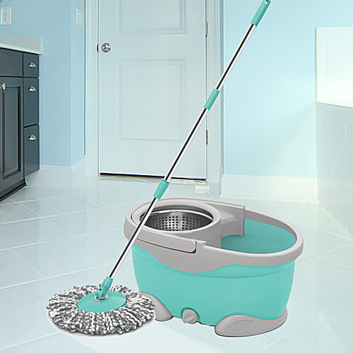 Milton - Spotzero Spin Mop - Plastic Bucket & Steel Wringer, With Rod, Refill Included, Aqua Green, 1 pc  Compact