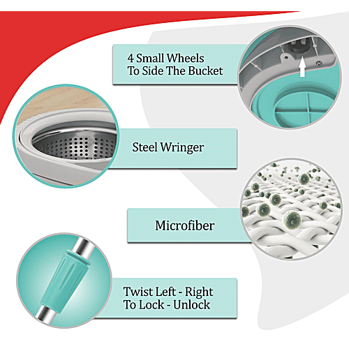 Milton - Spotzero Spin Mop - Plastic Bucket & Steel Wringer, With Rod, Refill Included, Aqua Green, 1 pc  Compact