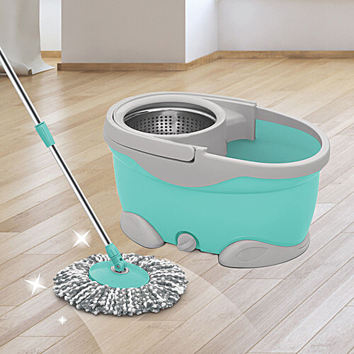 Milton - Spotzero Spin Mop - Plastic Bucket & Steel Wringer, With Rod, Refill Included, Aqua Green, 1 pc  Compact