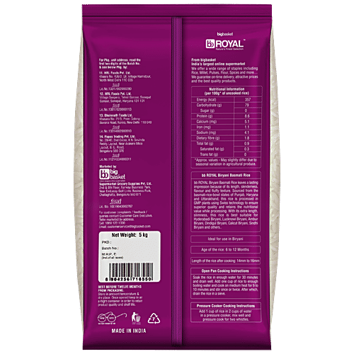bb Royal Basmati Rice/Basmati Chawal - 1121, Dubar, 5 kg  