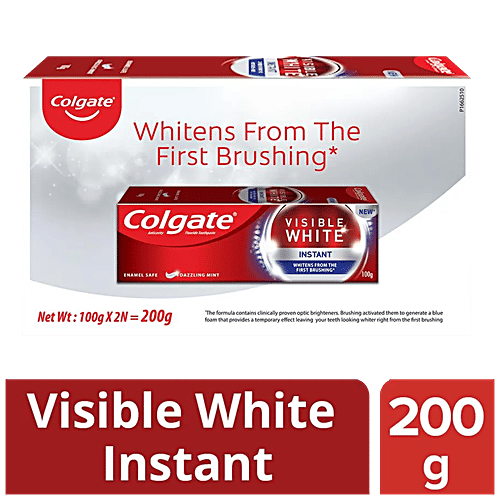 Colgate Visible White Instant Fluoride, Anticavity Toothpaste - Sugar & Gluten Free, Vegan, 100 g (Pack of 2) 