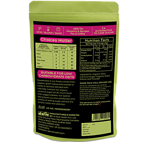 D-Alive Organic Pure Sweetener Blend - 1:4 Sugar Replacement Powder, Unbleached, 200 g  
