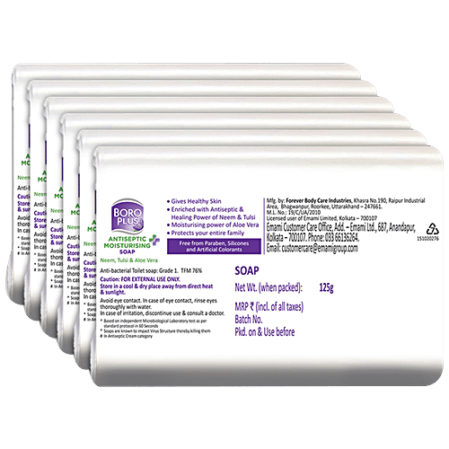 Boroplus Moisturising Bathing Soap with Neem, Tulsi & Aloe Vera, 99.9% Germ & Virus Protection, For Soft & Refreshed Skin, 125 g (Pack Of 6)