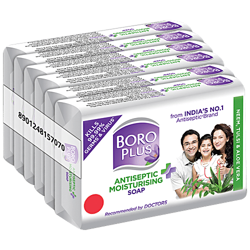 Boroplus Moisturising Bathing Soap with Neem, Tulsi & Aloe Vera, 99.9% Germ & Virus Protection, For Soft & Refreshed Skin, 125 g (Pack Of 6)