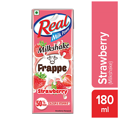 Real Milk Power Strawberry Milkshake Frappe, 180 ml Rich In Calcium & Vitamin D