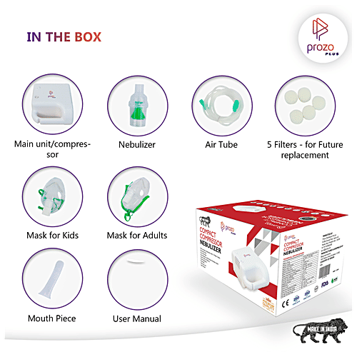 Prozo Plus Compact Compressor Nebulizer For Kids and Adults With Masks, Low-Noise Compressor - White, 1 pc