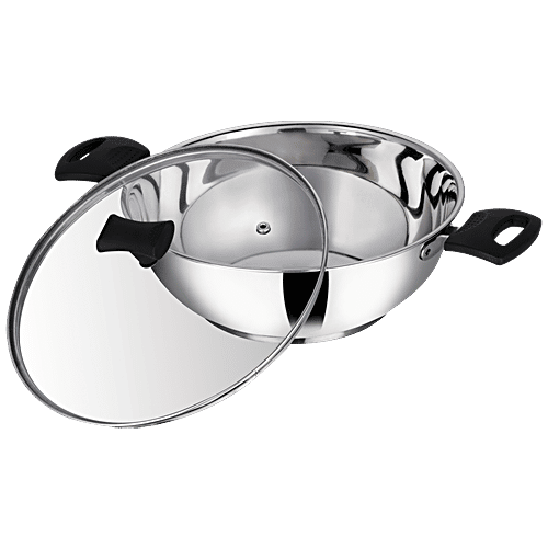 Kitchen Essentials Induction Base Stainless Steel 25 cm Kadai With Glass Lid - Heavy Gauge, 3 L, 1 pc