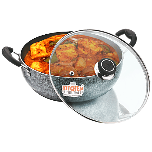 Kitchen Essentials Induction Base Non-Stick Kadai With Glass Lid - Durable, Sturdy, 26 cm, 4 L  