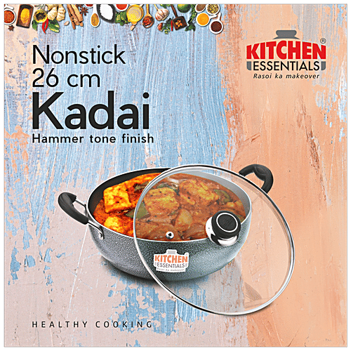 Buy Kitchen Essentials Induction Base NonStick Kadai With Glass Lid