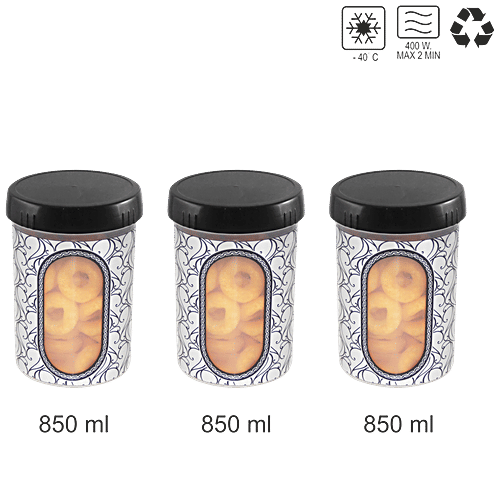 Asian Italic See Through Printed Plastic Container Storage/Jars - Black Colour, 850 ml (Set of 3)
