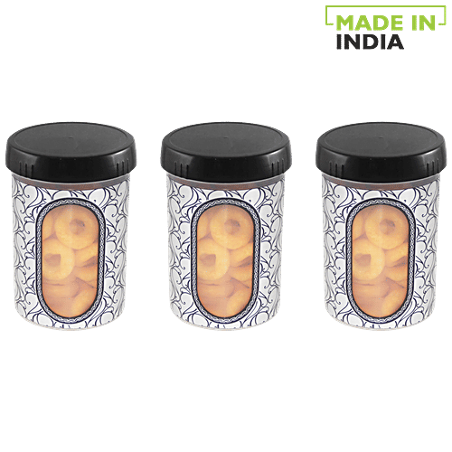 Asian Italic See Through Printed Plastic Container Storage/Jars - Black Colour, 850 ml (Set of 3)