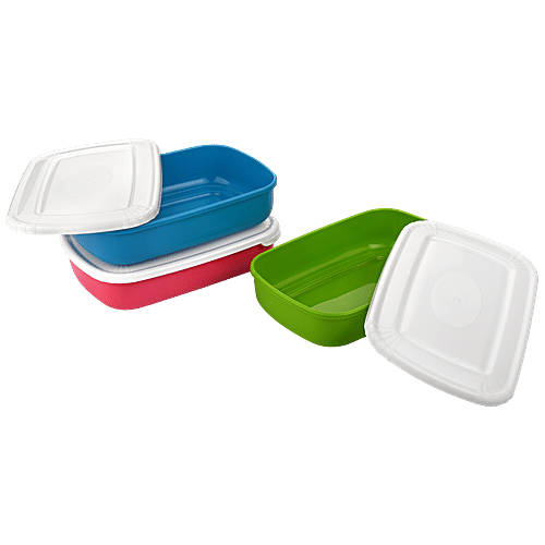 Asian Storage Container - Assorted Colour, Plastic, Plain, Rectangular, 800 ml (Set of 3) Dishwasher Safe