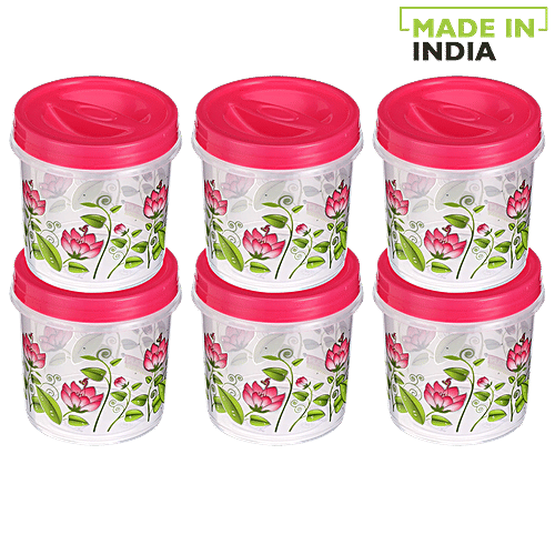 Ratan Printed Plastic Container Storage Crystal - Pink, 350 ml (Set of 6) 