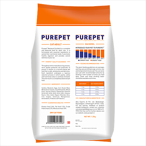 Purepet Adult Dry Cat Food - Mackerel, 1.2 kg Bag 