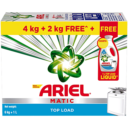 Ariel Matic Top Load Detergent Powder, 6 kg (Get 1 L Matic Liquid Free) Remove Tough Stains, Bright Guard